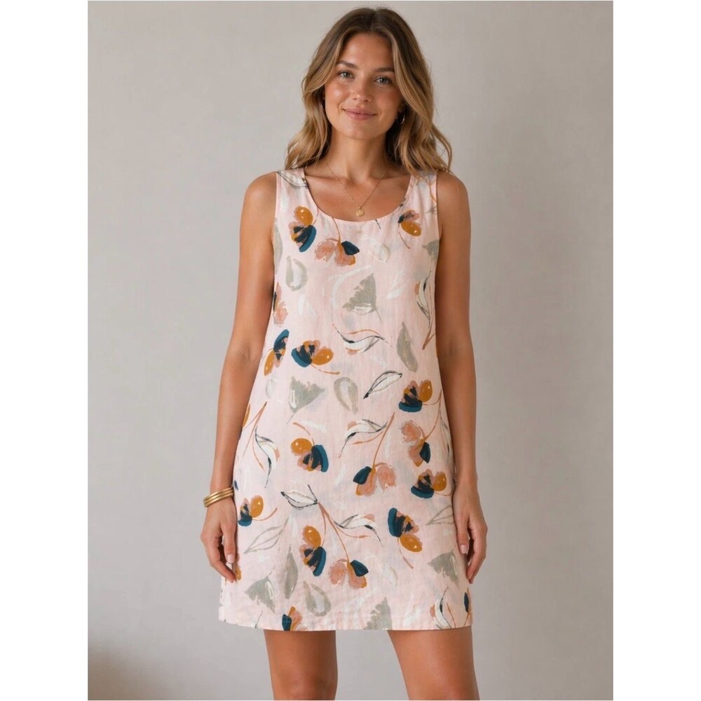 Rachel Zoe Watercolor Floral Dress Sz L Light Pink 100% Linen Lagenlook Coastal